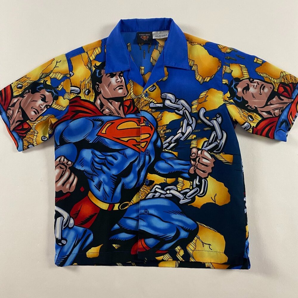 Vintage Superman Shirt Kids Boys Medium 10-12 Button Front Up DC Comics Warner